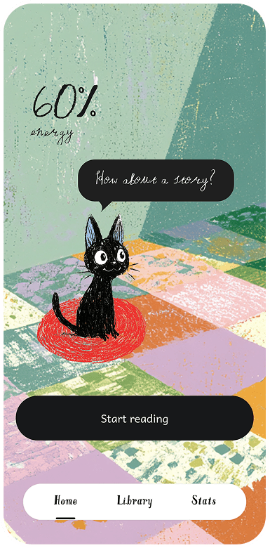 yomi homescreen with the cat at 60 percent energy